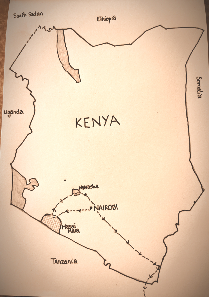 Hand drawn map of Kenya travel itinerary